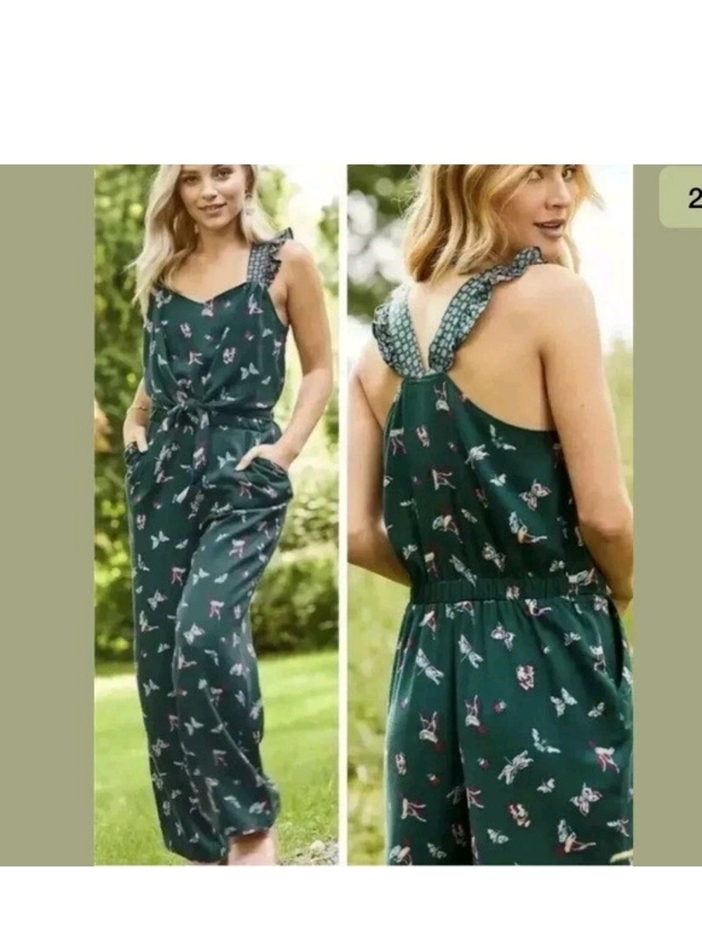 NWT Matilda Jane Green Floral Bird Print Tie Front Jumpsuit Romper Size S
